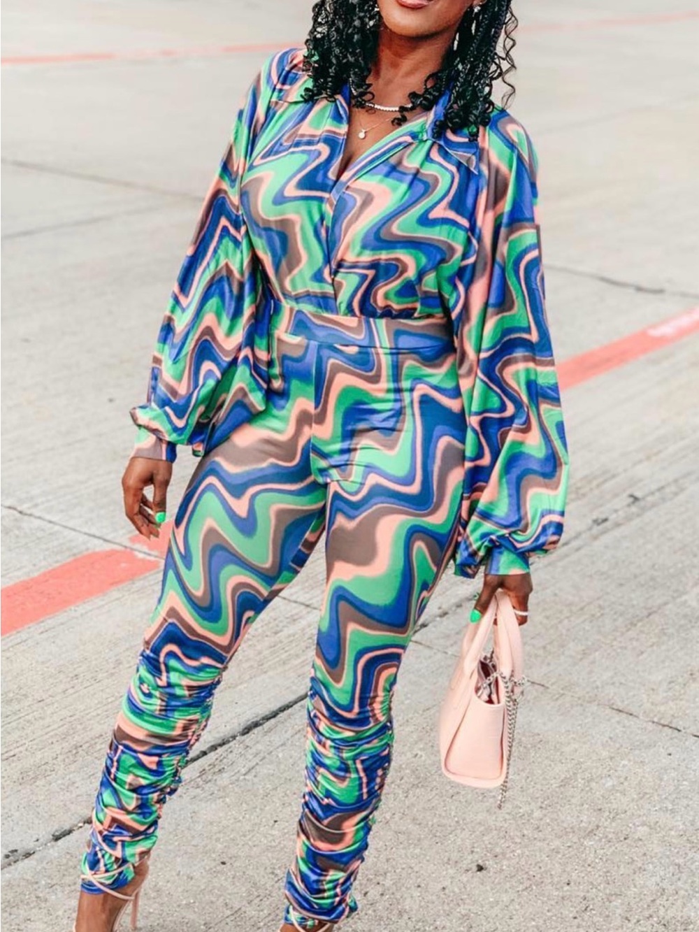Wavy Print Satiny 2pc Pants and Bodysuit. Size Medium